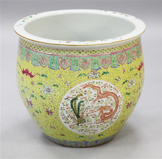 A large Chinese dragon and phoenix yellow ground goldfish bowl, diam. 57cm
